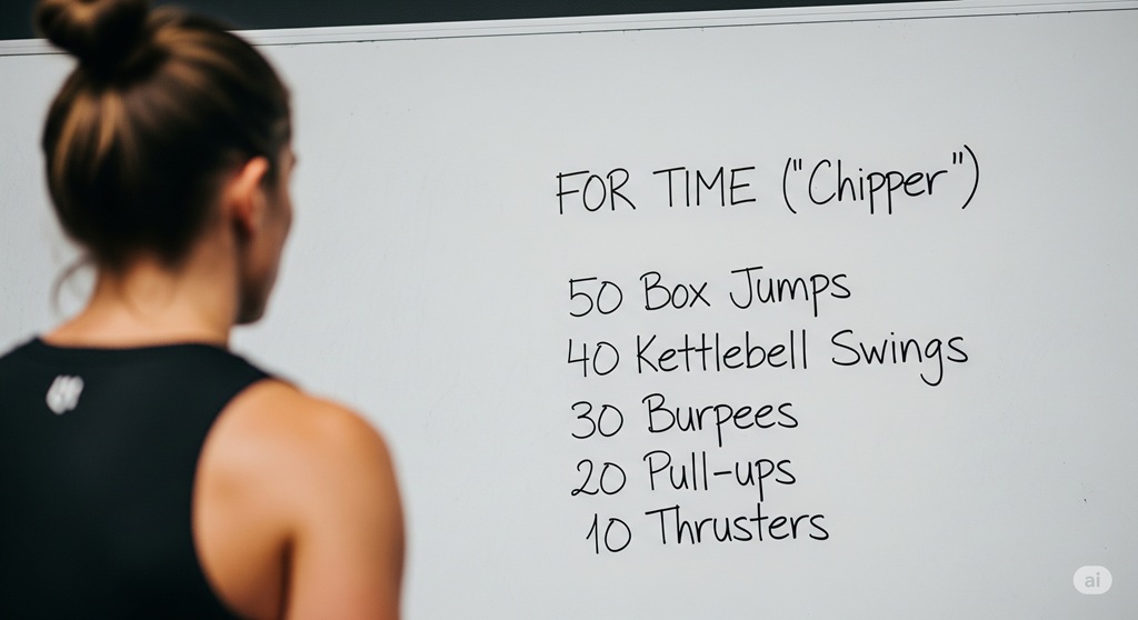 Athlet blickt auf ein Whiteboard mit einem langen Chipper For Time Workout