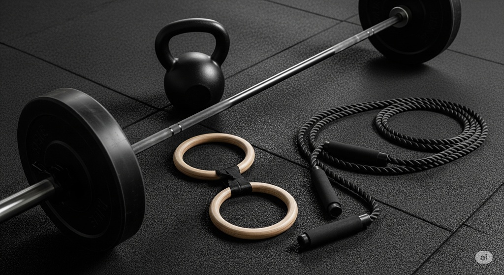 Guide für Crosstraining: Typisches Equipment wie Langhantel und Kettlebell in einer Box