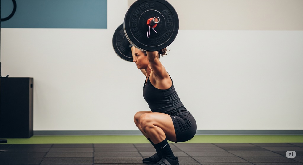 Athlet in der tiefen Hocke eines Overhead Squats mit Langhantel zur Verbesserung der Stabilität