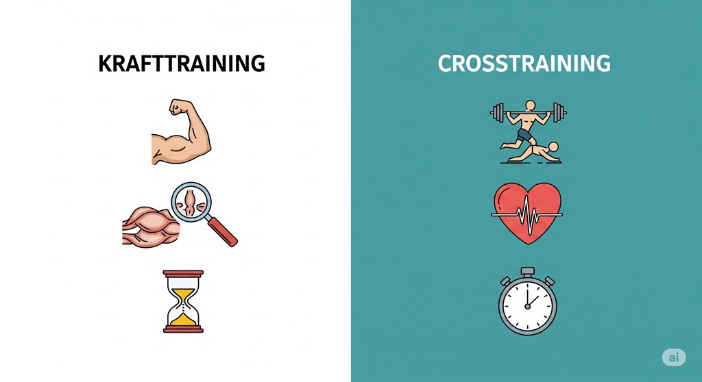 Infografik zum Vergleich Crosstraining vs Krafttraining bezüglich Muskelaufbau und Fettverbrennung