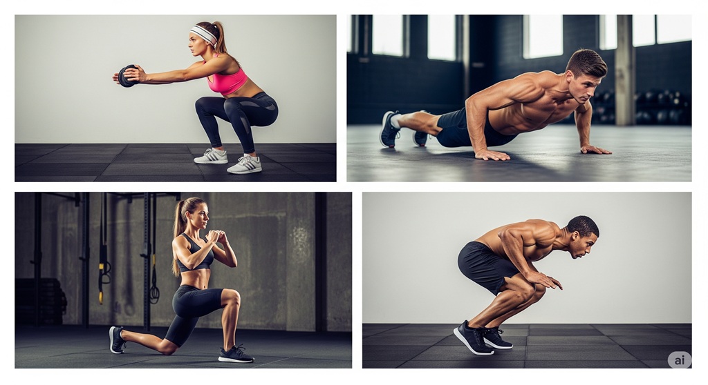 Collage mit den 4 fundamentalen Crosstraining Übungen für ein effektives Training ohne Geräte