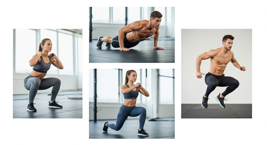 Vier Bodyweight-Übungen für das Crosstraining zuhause: Burpee, Kniebeuge, Liegestütz und Ausfallschritt.