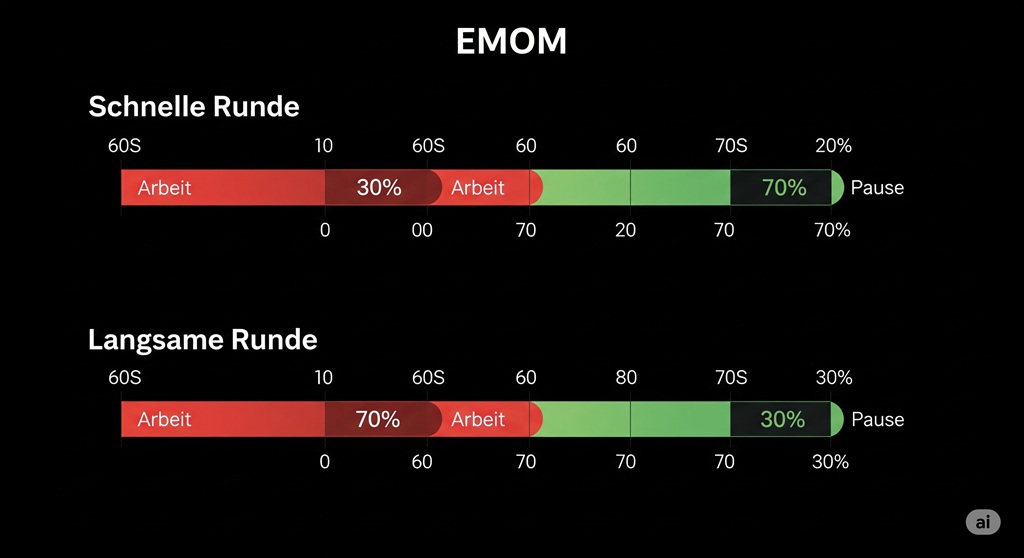 Infografik zum EMOM Workout Prinzip mit Arbeit- und Pause-Phasen