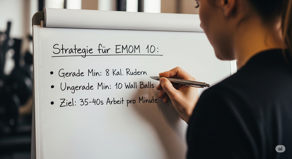 Athlet plant seine Strategie für ein EMOM Workout an einem Whiteboard