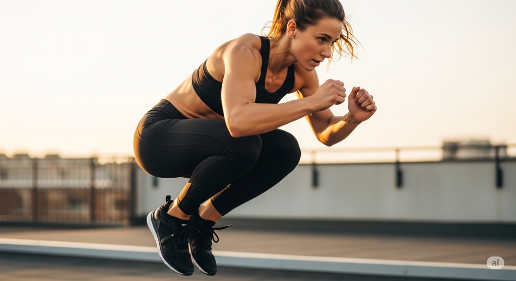 Frau macht einen Burpee als Übung der HIIT Methode im Freien