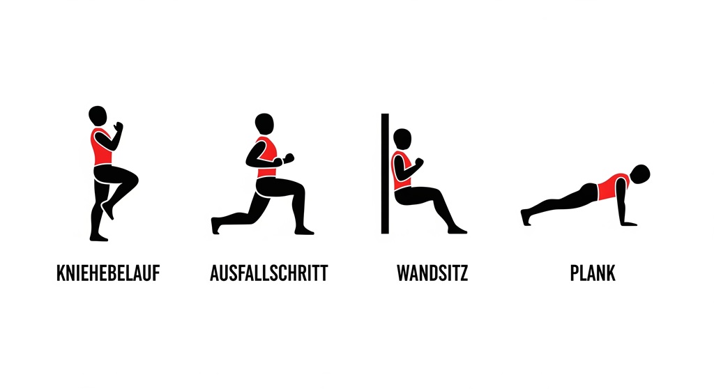 Grafik der Übungen im HIIT Trainingsplan für Anfänger: Kniehebelauf, Ausfallschritt, Wandsitz, Plank.
