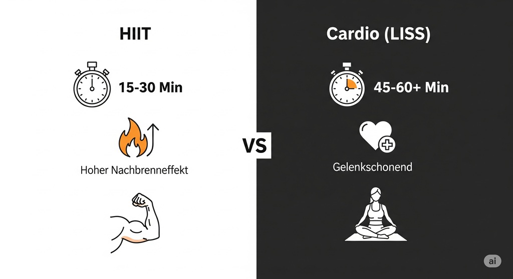 Infografik die die Vorteile von HIIT und klassischem Cardio vergleicht