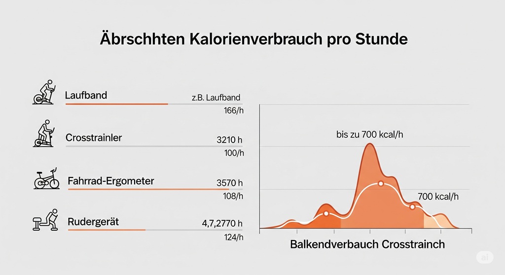 Infografik die den hohen Kalorienverbrauch des Crosstrainers im Vergleich zu anderen Geräten zeigt