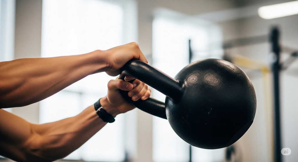 Athlet beim Kettlebell-Workout wechselt die Hand während eines einarmigen Swings