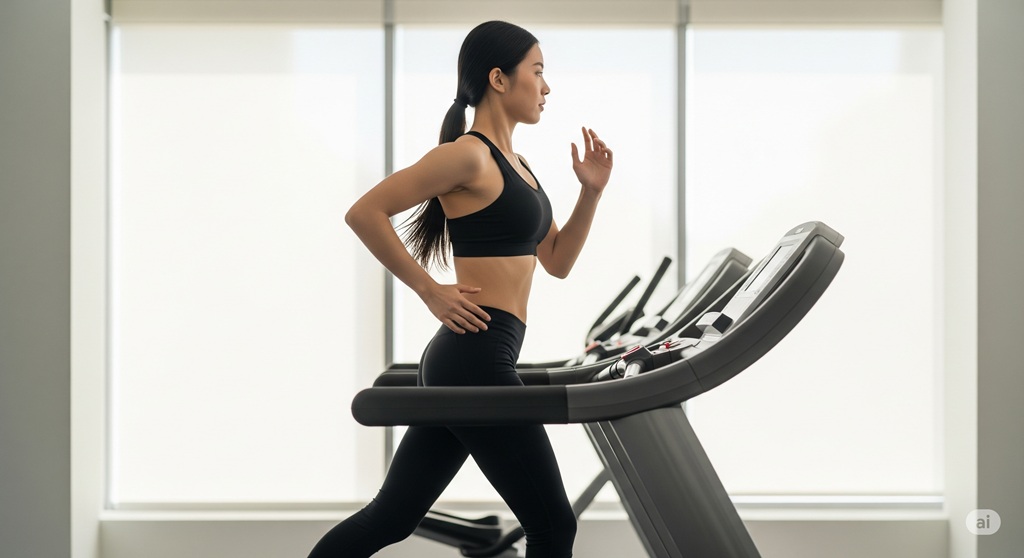 Sportliche Frau mit korrekter Haltung bei einem schnellen Laufband HIIT Sprint