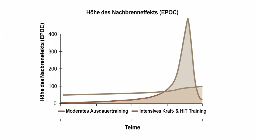 Infografik zum Nachbrenneffekt: Vergleich des Kalorienverbrauchs nach moderatem und intensivem Training.