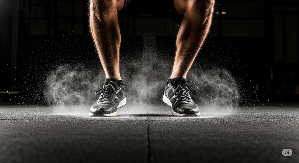 Athlet führt einen Squat Jump als Teil von anspruchsvollen HIIT Übungen aus