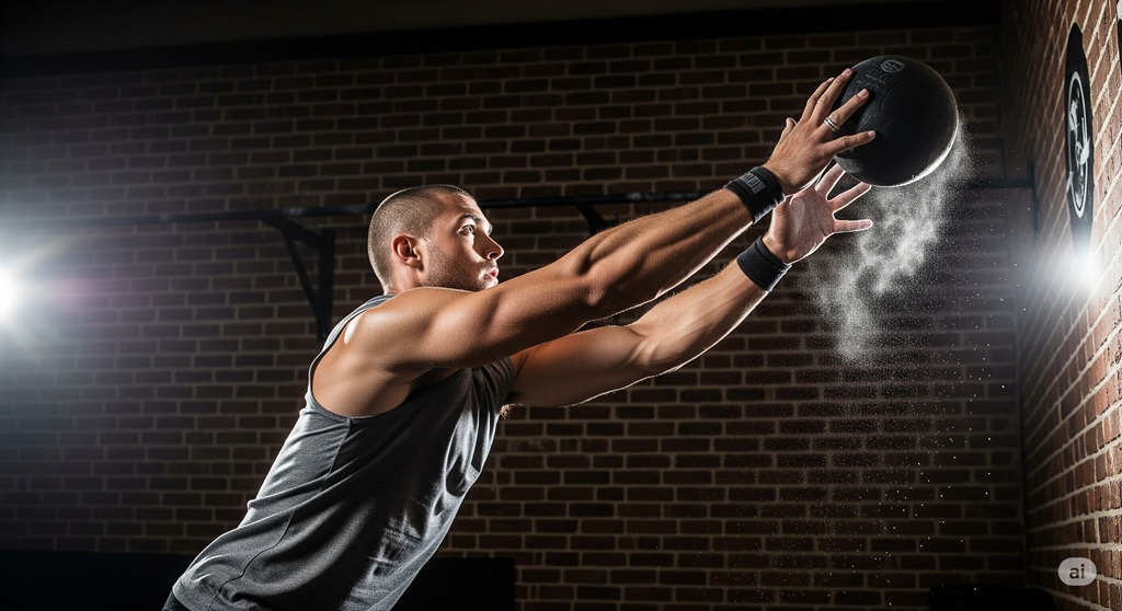 Athlet macht Wall Balls, eine anspruchsvolle Ganzkörper-HIIT-Übung mit Medizinball