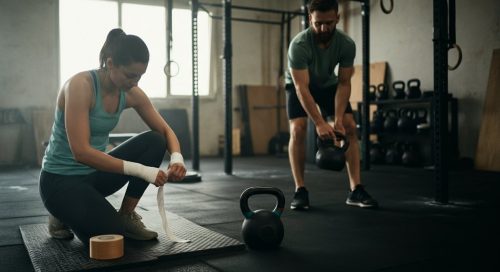 Ein Mann und eine Frau bereiten konzentriert ihre Ausrüstung für Crosstraining in einem Home-Gym vor.