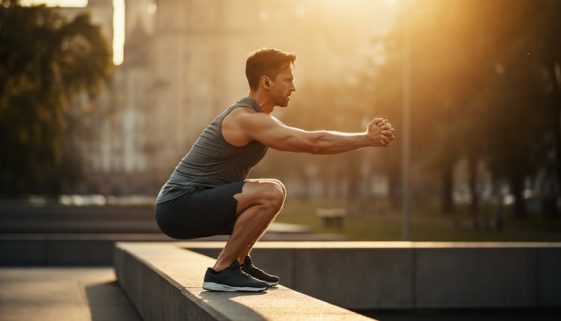 Athletischer Mann macht intensives Bodyweight Crosstraining in einem urbanen Park bei Sonnenaufgang.