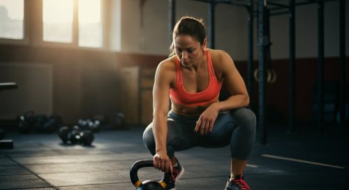 Frau betrachtet konzentriert eine Kettlebell, symbolisch für den Crosstraining Fakten-Check.