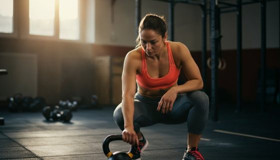Frau betrachtet konzentriert eine Kettlebell, symbolisch für den Crosstraining Fakten-Check.