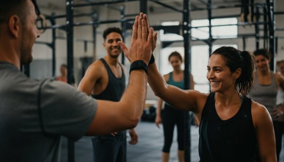 Eine Gruppe von Anfängern freut sich nach dem Training; widerlegt den Mythos, dass Crosstraining nur für Profis ist.