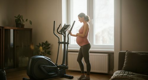 Eine glückliche, schwangere Frau beim sicheren Crosstraining in der Schwangerschaft.
