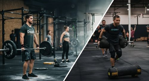 Visueller Crosstraining Vergleich: Links eine CrossFit-Szene, rechts eine Hyrox-Übung.