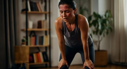Eine Frau nach dem Crosstraining zuhause ohne Geräte, erschöpft und zufrieden.