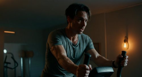Nachdenkliche Person auf einem Crosstrainer, die mögliche Fehler im Crosstraining reflektiert.