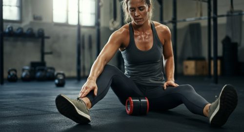 Athletin nutzt nach einem intensiven Workout Foam Rolling für die Oberschenkel in einer Crossfit Box.