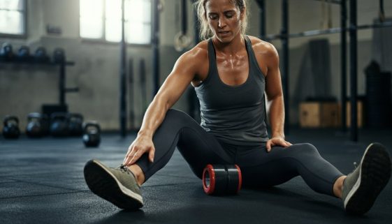 Athletin nutzt nach einem intensiven Workout Foam Rolling für die Oberschenkel in einer Crossfit Box.