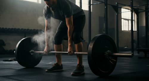 Fokussierte Person vor einer Langhantel, bereit für den Start des Grundübungen Trainingsplans.