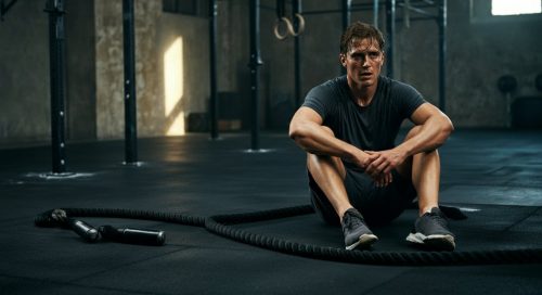 Erschöpfte, aber zufriedene Person nach einem HIIT mit Battle Ropes im Gym.