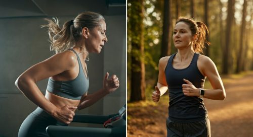 Visueller Vergleich von HIIT vs. LISS: Eine Frau beim intensiven Sprint und ruhigem Joggen.