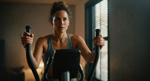 Eine Frau trainiert fokussiert auf dem Crosstrainer und zeigt, wie gesund Crosstraining sein kann.