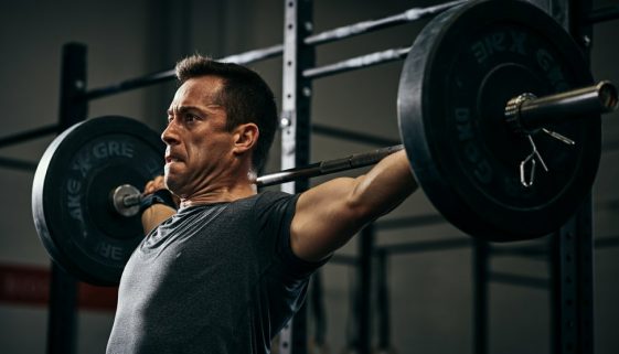 Ein fokussierter Athlet führt einen anspruchsvollen Langhantel Komplex in einem Gym aus.