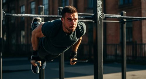 Ein Athlet in der entscheidenden Übergangsphase, um den Muscle Up zu lernen.