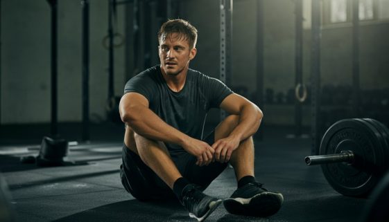 Erschöpfte Athletin sitzt auf dem Gym-Boden als Sinnbild für starken Muskelkater nach einem WOD.