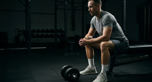 Ein nachdenklicher Athlet im Gym, der sein Muskelversagen Training strategisch plant.