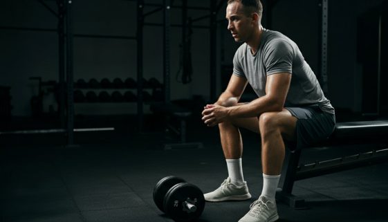 Ein nachdenklicher Athlet im Gym, der sein Muskelversagen Training strategisch plant.