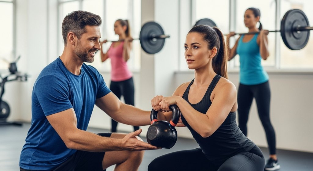 Ein Coach erklärt einer CrossTraining-Anfängerin eine Übung, was den Mythos entkräftet, der Sport sei nur für Profis.