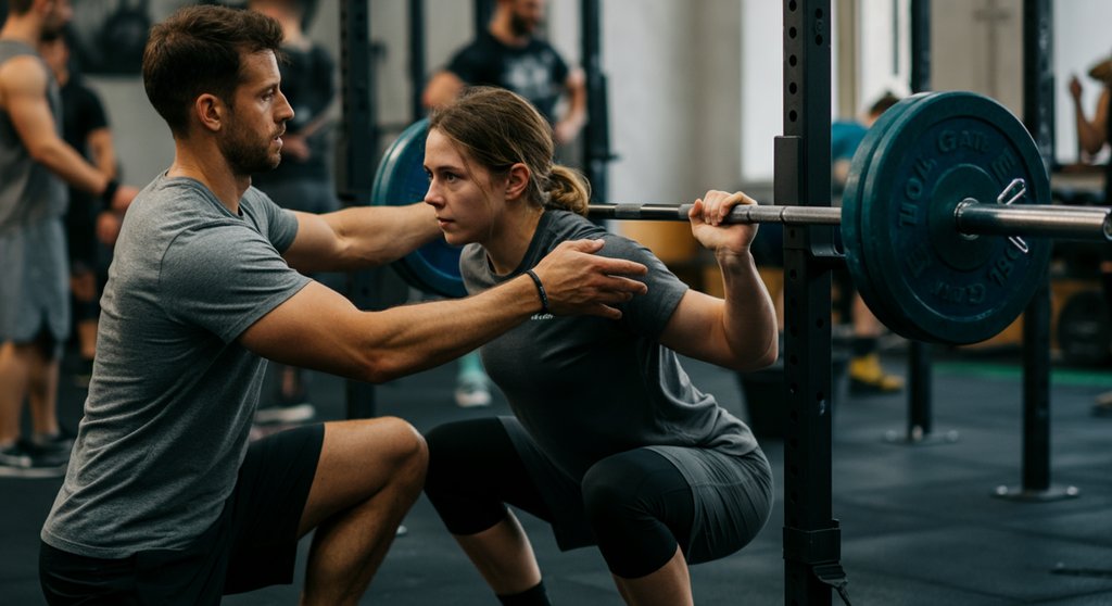 Anfänger lernt in erster Cross-Training Stunde die richtige Kniebeugen-Technik vom Coach.