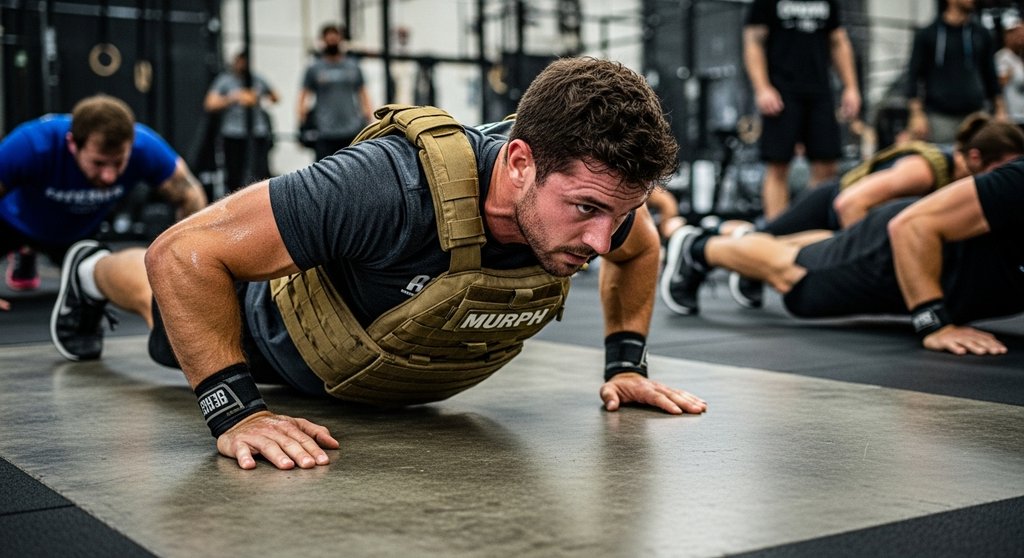 Athlet absolviert das Hero Benchmark WOD Murph mit einer Gewichtsweste und fokussiertem Blick.