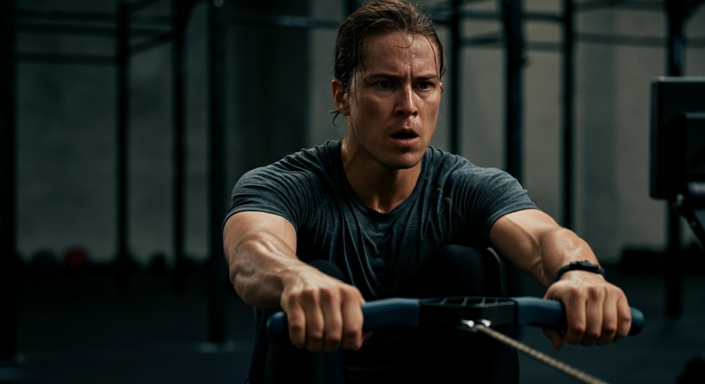 Athlet absolviert ein intensives HIIT am Rudergerät mit maximalem Krafteinsatz.