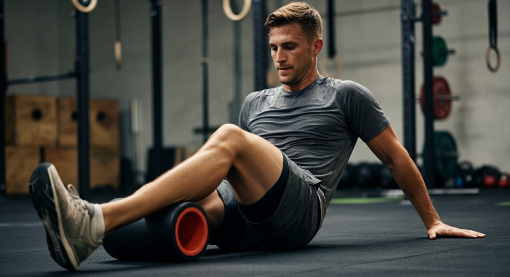 Athlet bei der aktiven Regeneration mit einer Faszienrolle nach einem intensiven Crosstraining WOD.