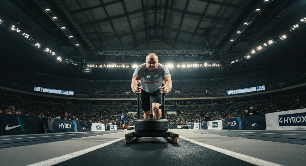 Athlet beim Sled Push in einem Hyrox Wettkampf als Teil des Crosstraining Vergleichs.