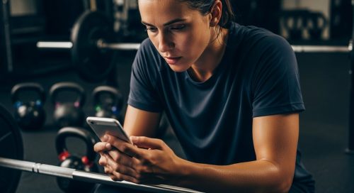 Athlet beim Überprüfen seiner Crosstraining App auf dem Smartphone in der Box.
