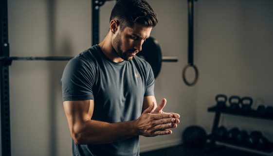 Athlet bereitet sich mit Kreide auf sein Crosstraining-Workout in einem gut ausgestatteten Home Gym vor.