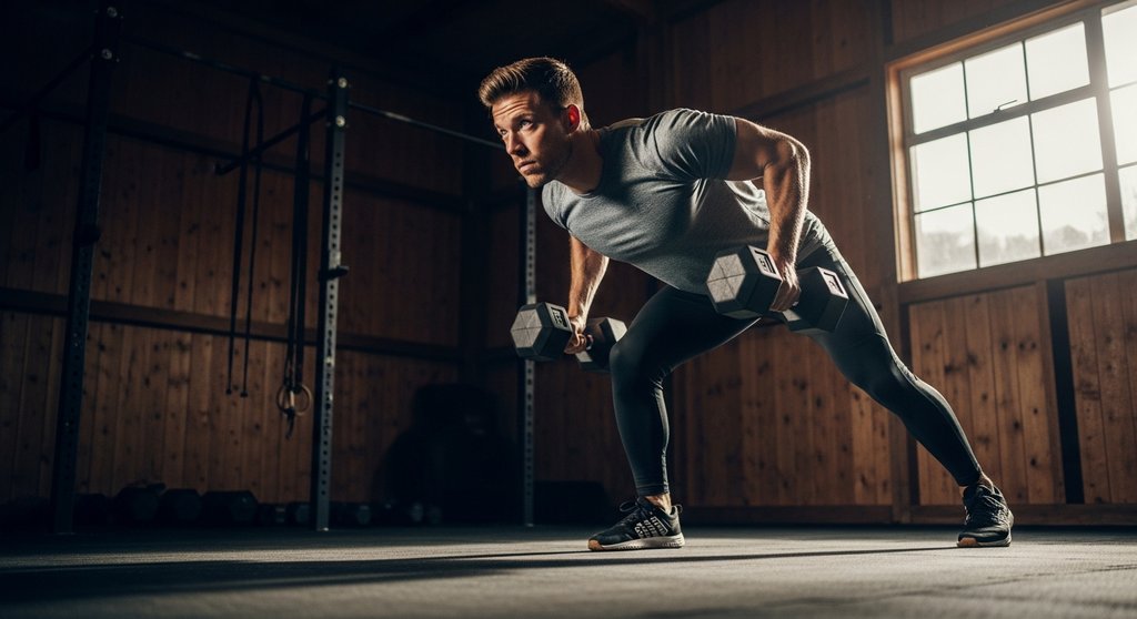Mann macht vorgebeugtes Rudern mit Hanteln für ein intensives HIIT Oberkörper Workout.