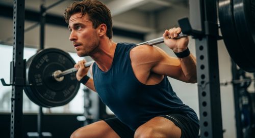 Athlet führt eine schwere Kniebeuge im Rahmen seines Oberkörper Unterkörper Split Trainingsplans aus.