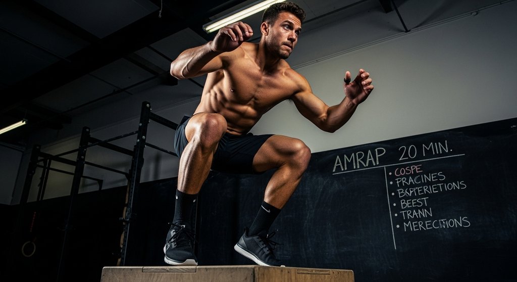 Athlet bei einem Box Jump, einem typischen Element für den Crosstraining WOD Typ AMRAP.