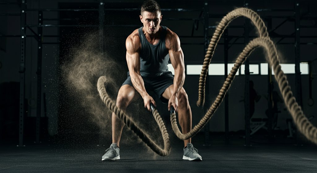 Athlet führt explosive Rope Slams als Teil des HIIT mit Battle Ropes aus.