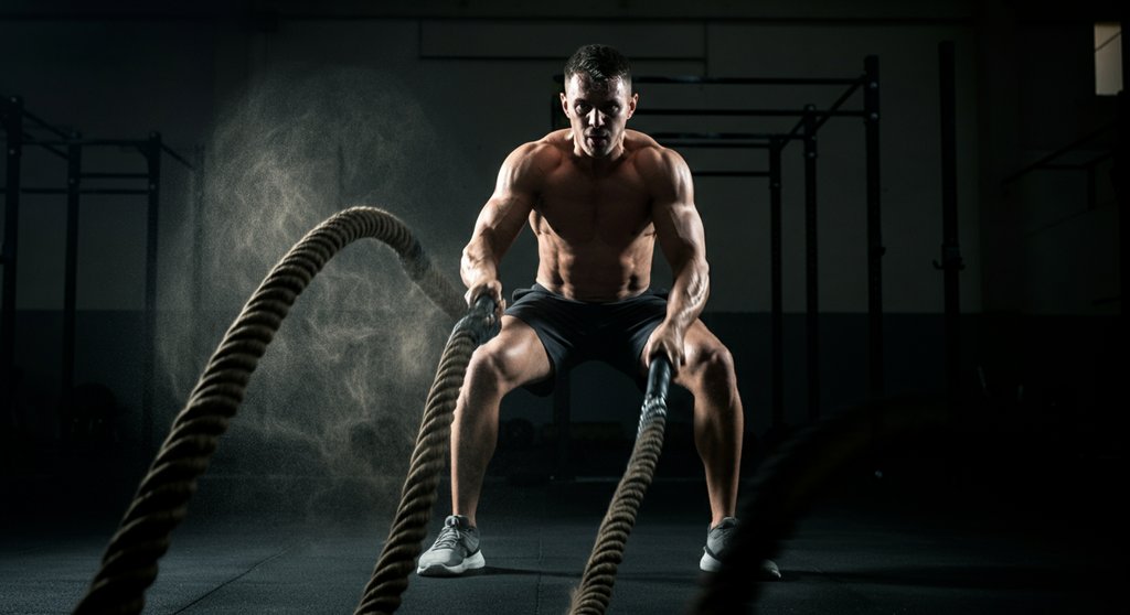 Athlet führt intensive Double Waves aus, als Teil eines fordernden HIIT mit Battle Ropes.